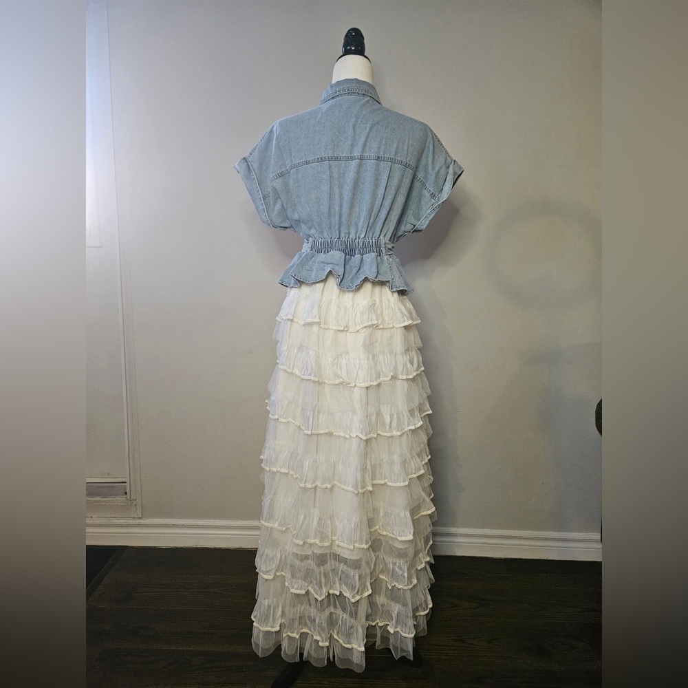 Denim Button-Up Top with White Ruffle Bottom Dress - Picture 2 of 3